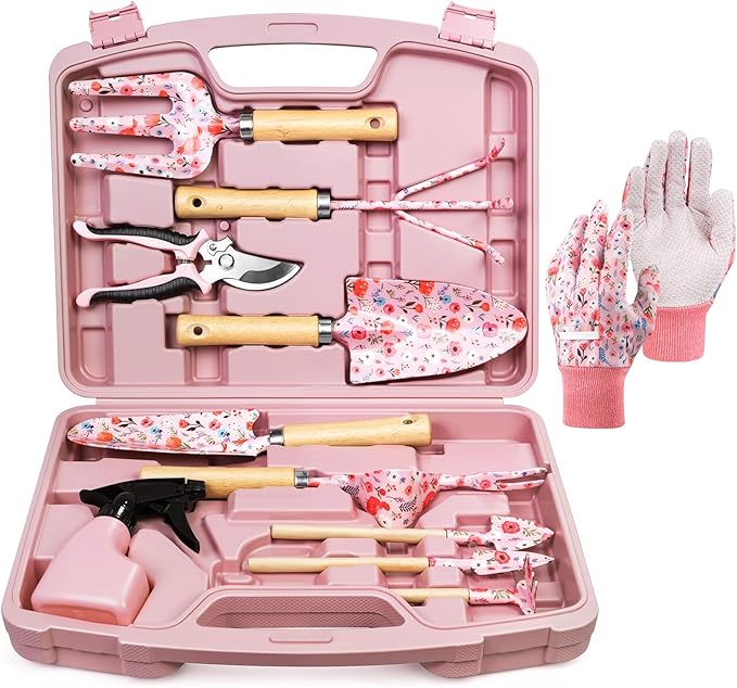 12-Piece Womens Gardening Tools Gift Set Rust-Proof &amp Heavy-Duty Garden Tools with Durable Carrying Case Fashionable &amp Thoughtful Gardening Gifts for Women&ampMen (Pink)