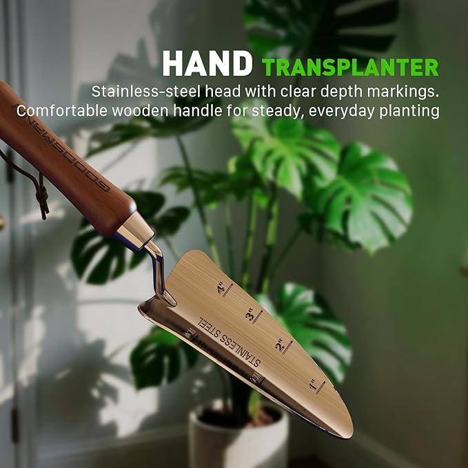 GOODSMANN Garden Tools Set 3 Piece Stainless Steel Gardening Kit Hand Trowel Marker Measurements Transplanter and Cultivator Garden Hand Shovel for Digging Weeding Planting Turning Soil