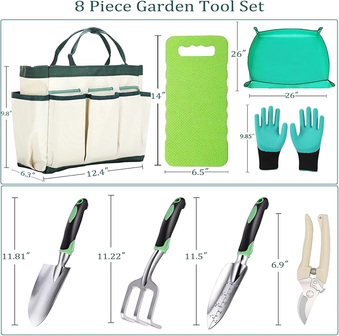 8-Piece Heavy-Duty Gardening Tools Set with Tote Bag - Rust-Proof Aluminum Gardening Hand Tools with Ergonomic Non-Slip Rubber Grips - Gardening Supplies Set Ideal Gift for Men &amp Women