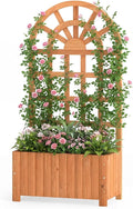 BECOMFORT 48”H Raised Garden Bed with Arched Trellis Fir Wood Planter Box with Privacy Screen &amp Drainage Holes for Balcony Yard Elevated Outdoor Flower Box for Climbing Plants Vegetables &amp