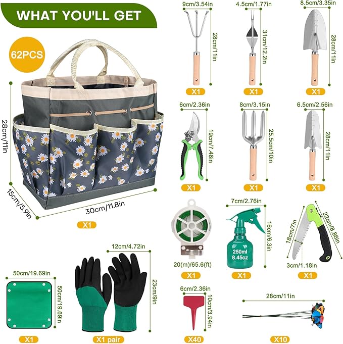 62-Piece Heavy-Duty Garden Tool Set Complete Garden Tool Kit with Stainless Steel Shovel Repotting Mat Pruning Shear&ampDurable Gardening Tool Bag Gardening Gift Set—Ideal Gift for Women/Men/Begi