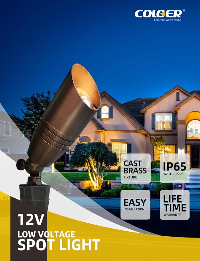 COLOER Brass Landscape Spotlights 6 Pack Landscape Light Fixture with 5W Aluminum Housing MR16 LED Bulb 2700K 450LM12V AC/DC Low Voltage Outdoor Spot LightingUplight for Garden and Patio(102B)