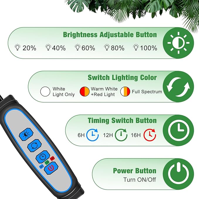 Wolezek Grow Lights for Indoor Plants 2 Pack 6000K LED White Plant Grow Lights Indoor Full Spectrum Grow Lamp with Clip Auto ON &amp Off Timer 6/12/16H 3 Modes 5-Level Dimmable Brightness