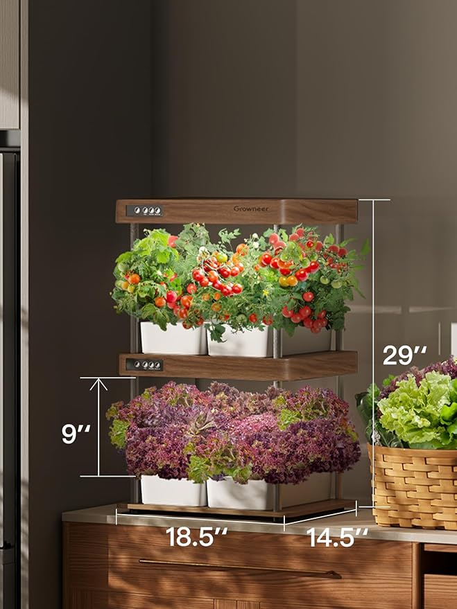 GROWNEER HydroEasy1.0 Hydroponic Growing System 2-Tier Indoor Garden with Full-Spectrum LED Grow Lights 32 Pods Solid Wood Design Independent Water Circulation Ideal for Vegetables Herbs Walnut