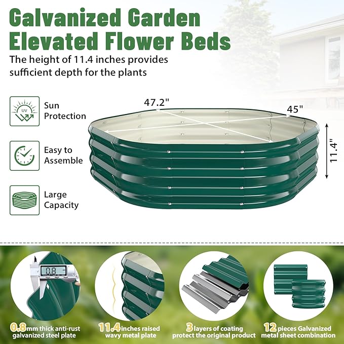 Hexagon Raised Garden Bed 48 Inch Diagonal &amp 12 Inch Tall Galvanized Steel Planter Box with Wave-Shaped Metal Panels for Outdoor FlowerTreeHerb &amp Vegetable Garden (Dark Green 4FT X 1FT)