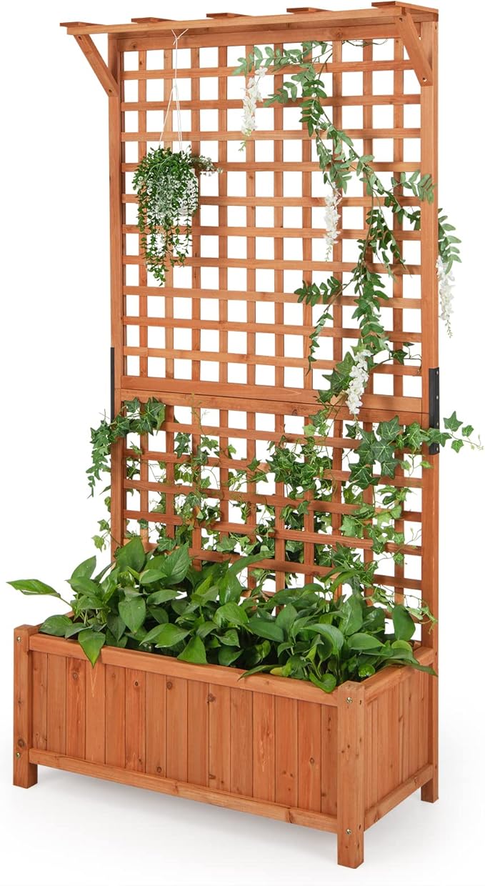 HAPPYGRILL Raised Garden Bed with Trellis 72.5 Planter Raised Bed with Drainage Holes Freestanding Garden Box for Vine Climbing Plants Wooden Planter Box for Yard Balcony (1 Orange)
