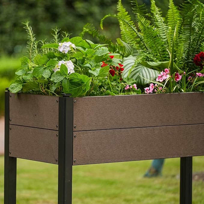 IDEALHOUSE 42.72x19.49x33.46 Raised Garden Bed HDPE Elevated Planter Box with Sturdy Aluminum Frame Wood Grain Outdoor Planter with Storage Shelf for Patio Balcony Lawn