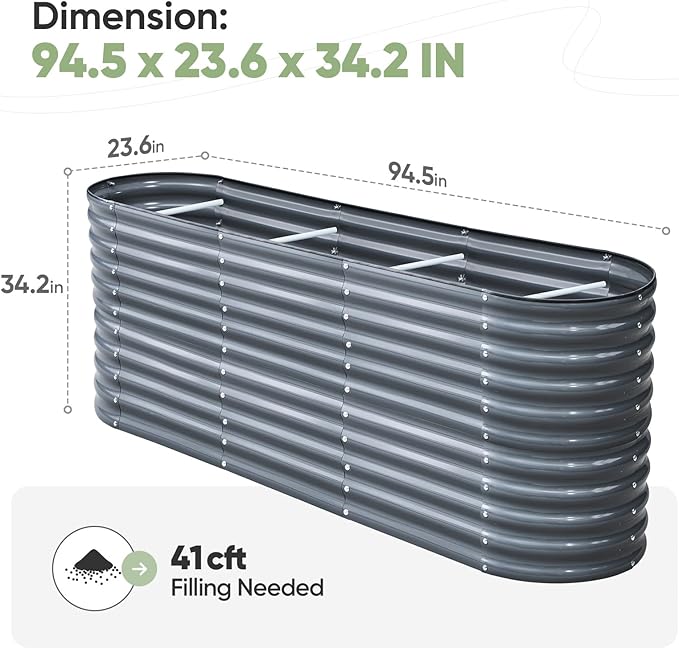 KING BIRD Raised Garden Bed 2.85 ft Tall 9 in 1 Galvanized Planter Garden Box Outdoor for Gardening Deep Root Vegetables Flowers 94.5X23.6X34.2 in Dark Grey