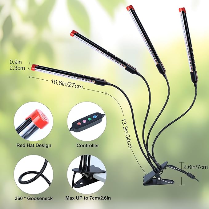 4Head Strong Clip Grow Lights for Indoor Plants Seed Starting Bonsai 4/8/12/16/20H Timer 36 Watt Power Draw NO Need Adapter Bright and Big Coverage Best Gift for Plants Lover