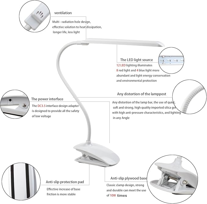 Grow Lamp for Plants 6W Adjustable Clip Desk Plants Grow Lights Lamp Bulb Clamp 360° Flexible Gooseneck for Indoor Plants (6W White)