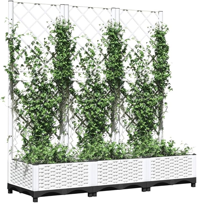 Garden Planter White Polypropylene 47.2 x 15.7 x 47.8 in Rectangular Outdoor Raised Garden Bed with Trellis for Climbing Plants Matte Finish