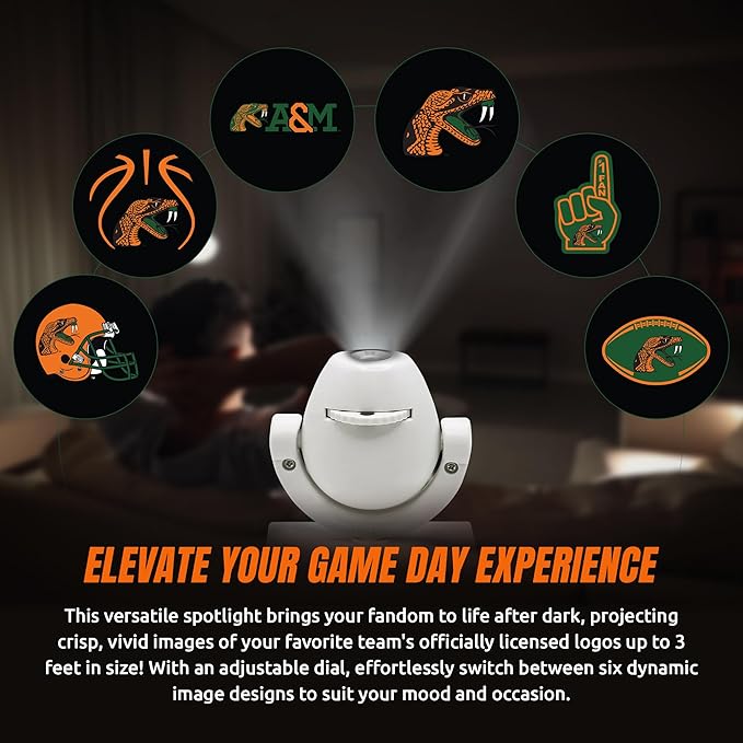 Sporticulture NCAA American Football Florida A&ampM Rattlers - Adjustable Led Mini Spotlight Projector with 6 Team Logo Designs - Portable &amp Rechargeable Spotlight - Battery-Operated - 4.375” x 3