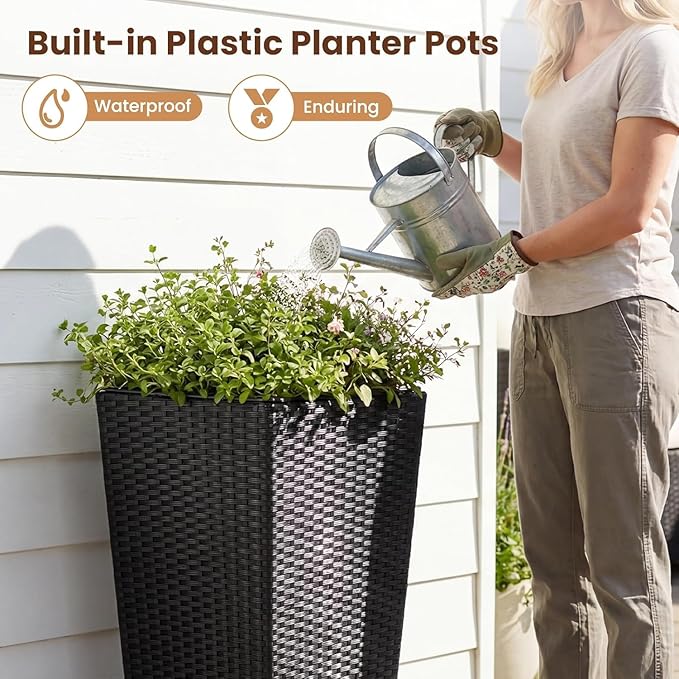 Giantex Tall Planters Set of 2 24”H Tapered Rattan Planter with Detachable Inner Boxes Indoor Outdoor Standing Wicker Flower Pots for Front Porch Patio Balcony Black