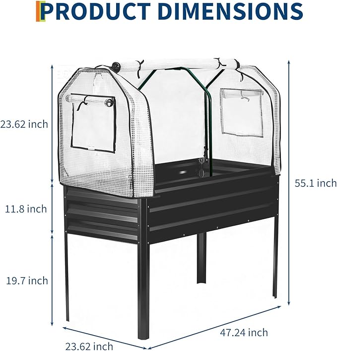 PeakPursuit Raised Garden Bed with Greenhouse Cover Raised Bed with Legs &amp Built-in Spray Tube for Vegetables Galvanized Metal Elevated Planter Box for Patio Backyard Balcony