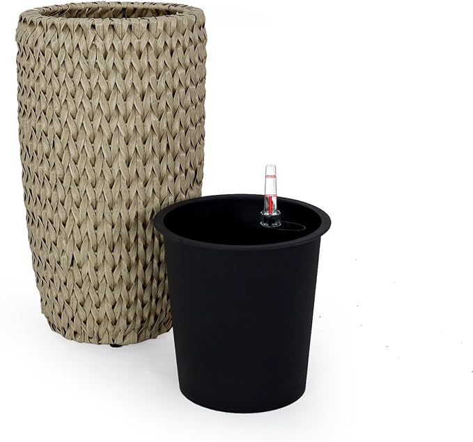 Generic 10.6 Self Watering Wicker Planter Garden Decoration Pot Beige Round