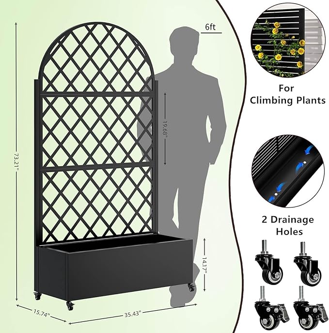 Metal Planter Box with Trellis 73-Inch Tall Raised Garden Bed with Wheels Privacy Screen Planter for Climbing Plants Vegetables &amp Vines Galvanized Steel Outdoor Privacy Shield Black (Round)