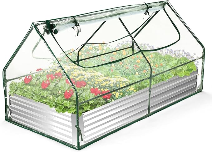 6x3x3ft Galvanized Raised Garden Bed with Cover Extra-Thick Metal Planter Box Kit w/ 2 Roll-Up Large Screen Windows Mini Greenhouse &amp1 Pair of Gloves for Growing Vegetables Fruits Flower Clear