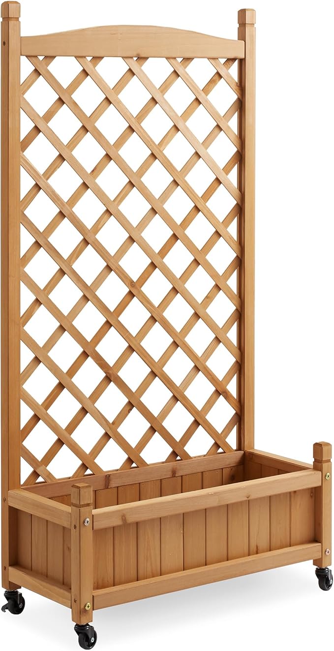Casafield 48 Raised Garden Bed with Trellis - Wooden Diamond Lattice for Climbing Plants and Planter Box with Drainage Holes and Wheels