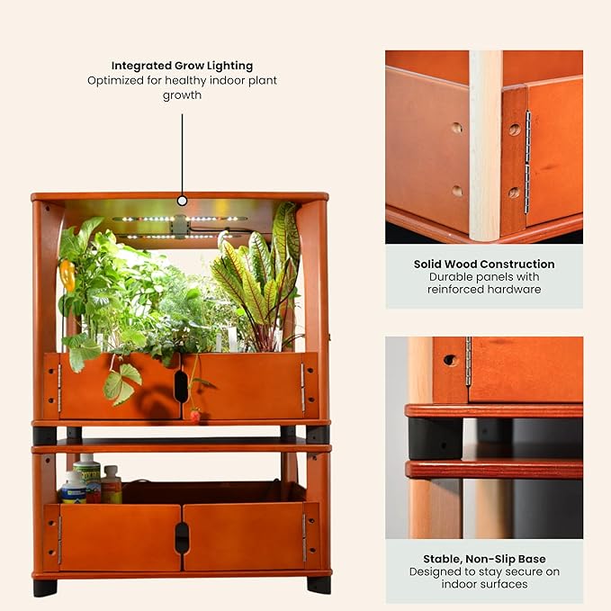 Hydroponic Home Garden with LED Grow Lights | Organic Microgreens Herbs Vegetables Fruits &amp Flowers | Real Wood Design | Stackable Mess-Free Year-Round Harvest (Natural)