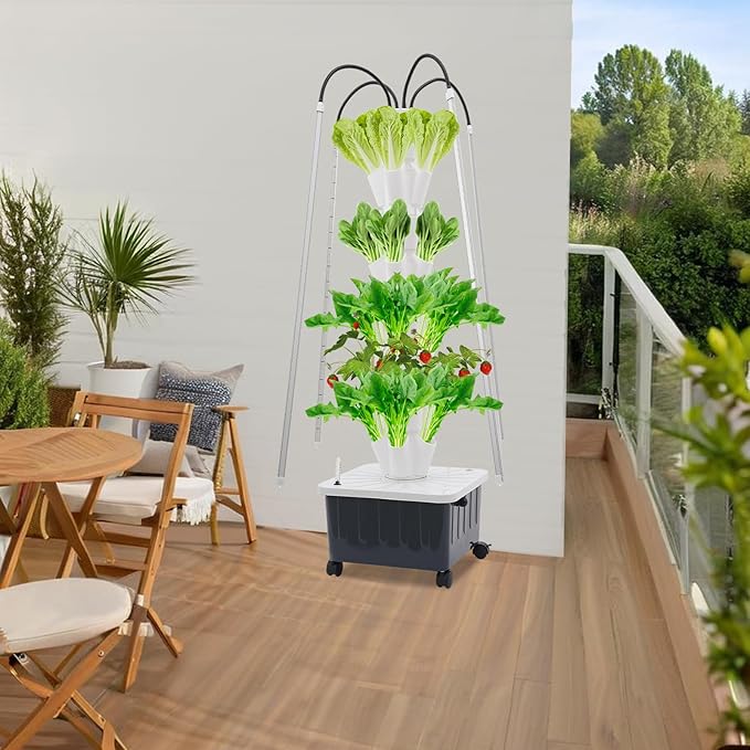 8-Tier 40-Hole Hydroponic Growing System with LED Grow Lights &amp Wheels 24-Hour Timer 5.28 Gal Capacity Vertical Planter Tower Indoor/Outdoor Hydroponics Kit for Herbs or Vegetables