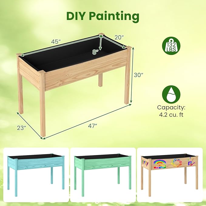 Raised Garden Bed 47 x 22.5 x 30 Elevated Planter Box w/Legs &amp Drainage Hole Wooden Planter Raised Bed for Vegetables Flowers Herbs Perfect for Outdoor Gardening Backyard Lawn Natural