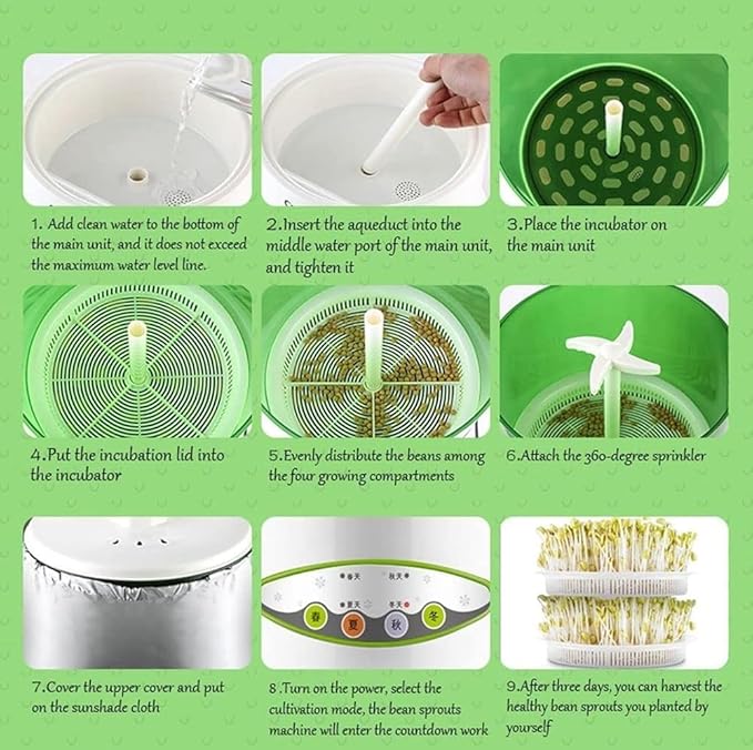 Bean Sprouts Machine Seed Sprouter Intelligent Bean Sprouts Maker Household Seed Grow Cereal Tool Seed Sprouter Kit with 360-Degree Sprinkler for Seed Grow (Size:A)