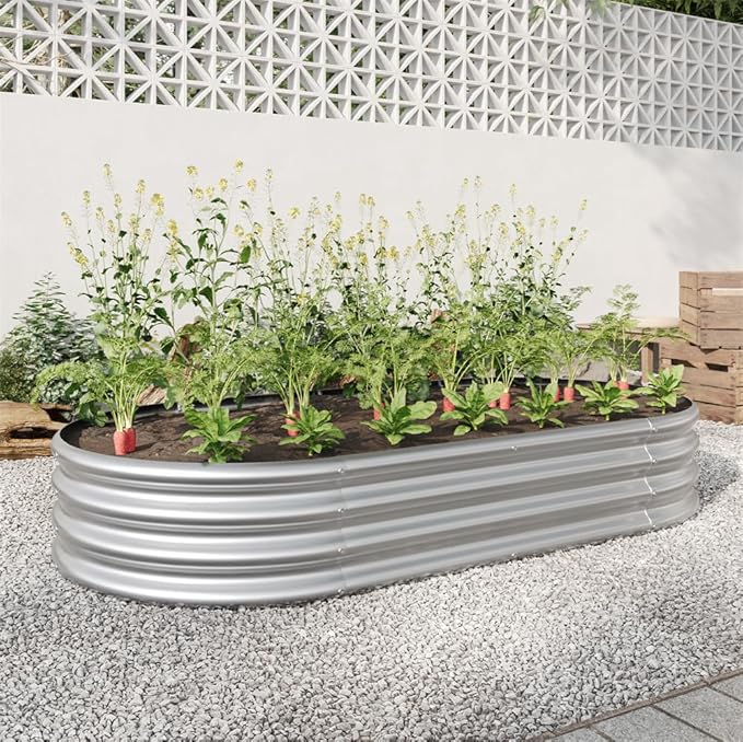 6ft Outdoor Galvanized Raised Garden Bed Metal Oval Planter Box for Vegetables Herbs Flowers (Silver)