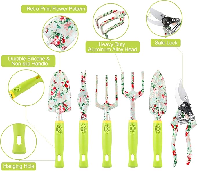 Gardening Tool Set - 13 PCS Heavy Duty Aluminum Gardening Tools Kit Floral Print Garden Tool Set with Non-Slip Rubber Handle &amp Durable Storage Tote Bag Gardening Supplies Gifts for Women Men