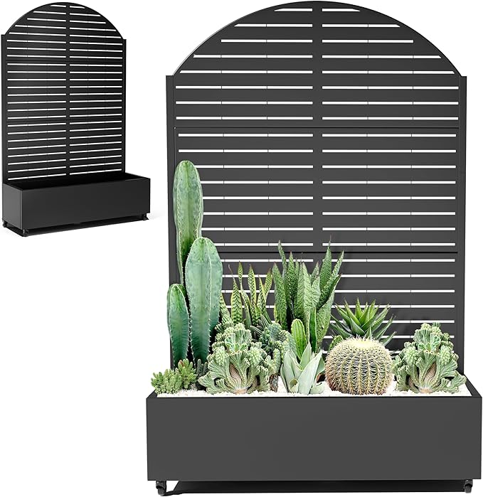 Metal Planter Box with Trellis for Climbing Plants Vegetables Raised Garden Beds with Privacy Screen &amp Wheels Standing Flower Box with Drainage Holes (47 L Black Arch)