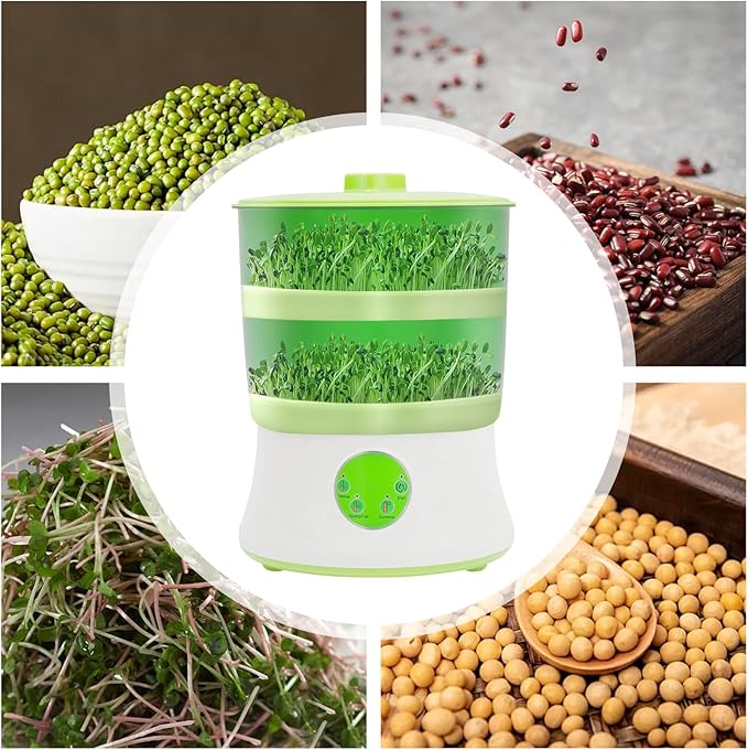 Household Automatic Bean Sprouts Machine 2 Layers Intelligent Bean Sprouts Maker 360° Sprinkler 110V Bean Sprouts Grow Kit with Blackout Cloth and 3 Seasonal Modes for Radish Sprouts