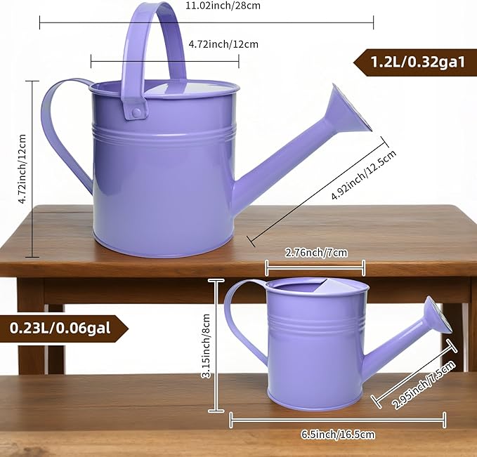 Small Metal Watering Can Set Pink 1.2L and 0.23L Garden Cans with Long Spout Indoor Outdoor Plant Care (Purple)