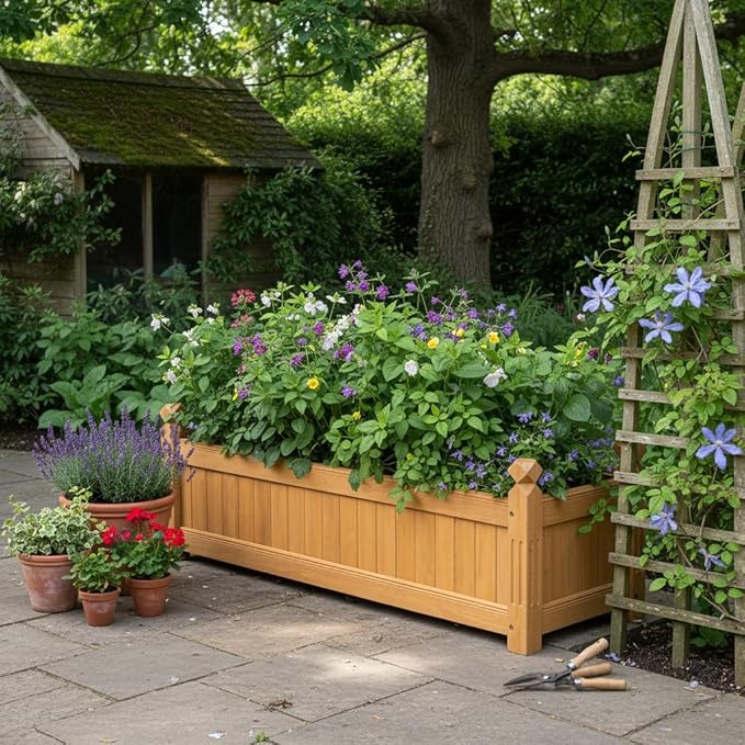 2 Pcs Wooden Raised Garden Bed 43.5 L x 16 W x 14 H Outdoor Planter Box with Drainage Holes Rectangular Garden Bed for Flowers Herbs Vegetables Fruits Backyard Patio Balcony