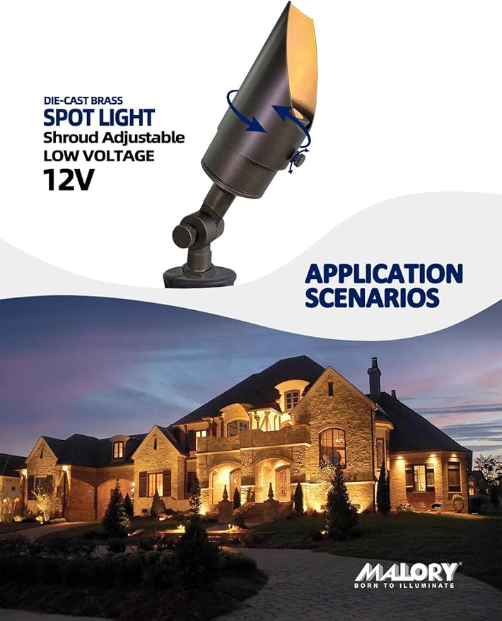 MALORY Brass Landscape Spotlight 10-Pack with MR16 Bulb Kit(S04) Low Voltage 12V AC/DC Shroud Adjustable Outside Yard LightsPVC Ground Stake and Wire Connector Included 5W 2700K Warm White