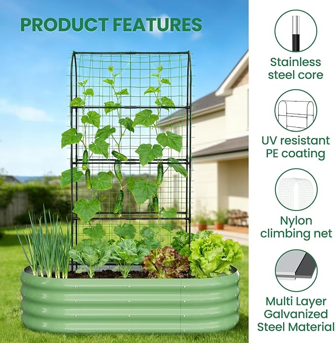 SUNYRISY 2Pack Galvanized Raised Garden Bed with 71in Arch Trellis for Climbing Plants Outdoor Planter Box with Climbing Net for Gardening Flowers Vegetables Fruits Herbs Green