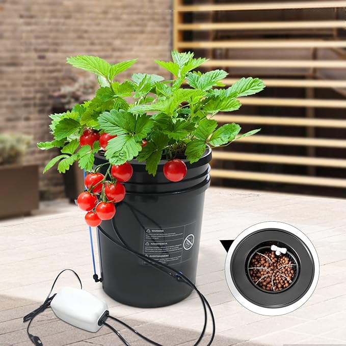Hydroponic Growing System with 5 Gallon Deep Water Culture Recirculating Drip Garden System with Multi-Purpose Air Hose Air Pump and Air Stone (1 Bucket + Round Drip Kit)