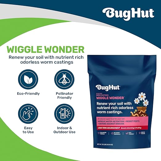 BugHut Wiggle Wonder Organic Worm Castings for Plants - Nourishing Plant Food Enhances Soil Structure Retains Moisture Ideal for Indoor and Outdoor Plants Vegetables Herbs Flowers - 10 lb Bag