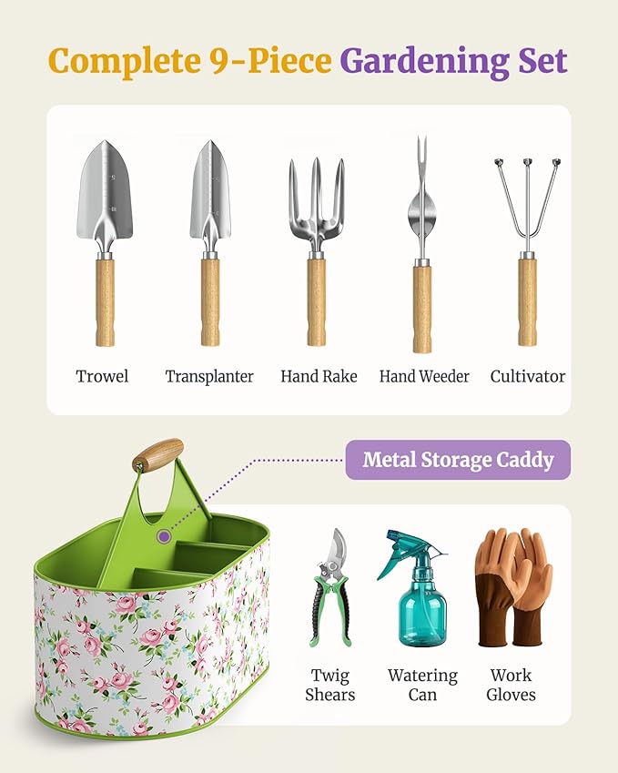 9-Piece Garden Tool Set Heavy Duty Metal Storage Basket with 4 Compartments Premium Stainless Steel Gardening Tools with Ergonomic Gardening Kit for Planting Gardening Gift for Men Women