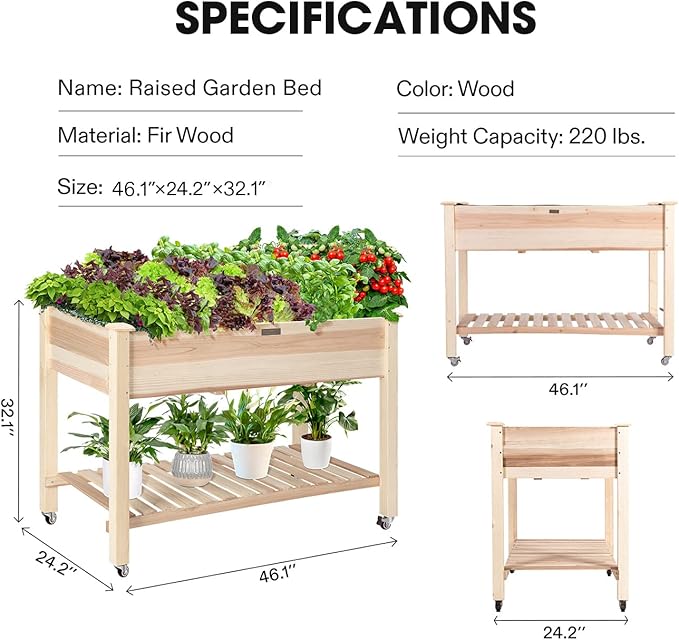 VIVOSUN Elevated Wooden Raised Garden Bed 46 x 24 x 32 Inches Mobile Outdoor Planter Box with Storage Shelf and Protective Liner for Outdoor Use with Lockable Wheels