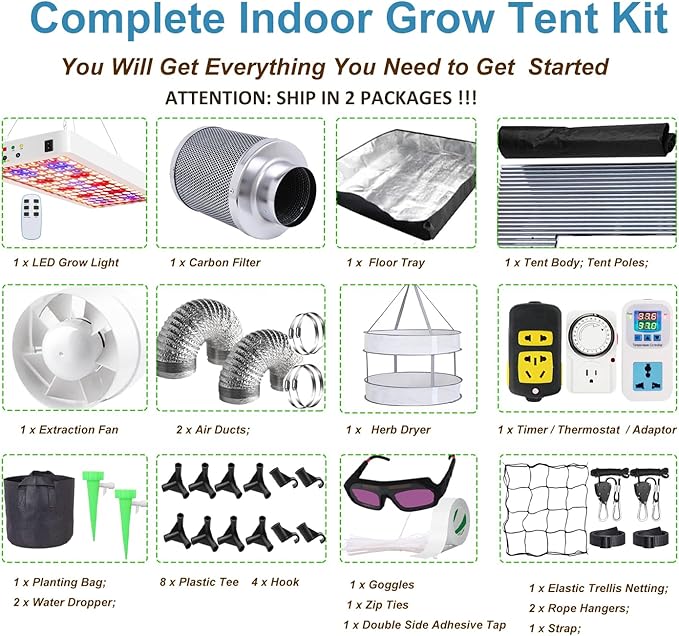 iMeshbean Grow Tent Kit Complete 4 x4 ft High Reflective Mylar Indoor Plant Growing Tent with LED Grow Light Carbon Filter Ventilation Fan Hydroponics Growing System + Accessories (4 x 4 x 6.9 FT)