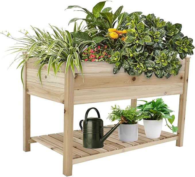 Raised Garden Bed Planter Box with Legs Storage Shelf Wooden Elevated Vegetable Growing Bed for FlowerHerbBackyardPatioBalcony 48.5x30x24.4in(colourless)