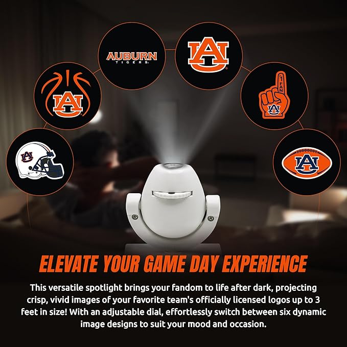 Sporticulture NCAA American Football Auburn Tigers - Adjustable Led Mini Spotlight Projector with 6 Team Logo Designs - Portable &amp Rechargeable Spotlight - Battery-Operated - 4.375” x 3.125”