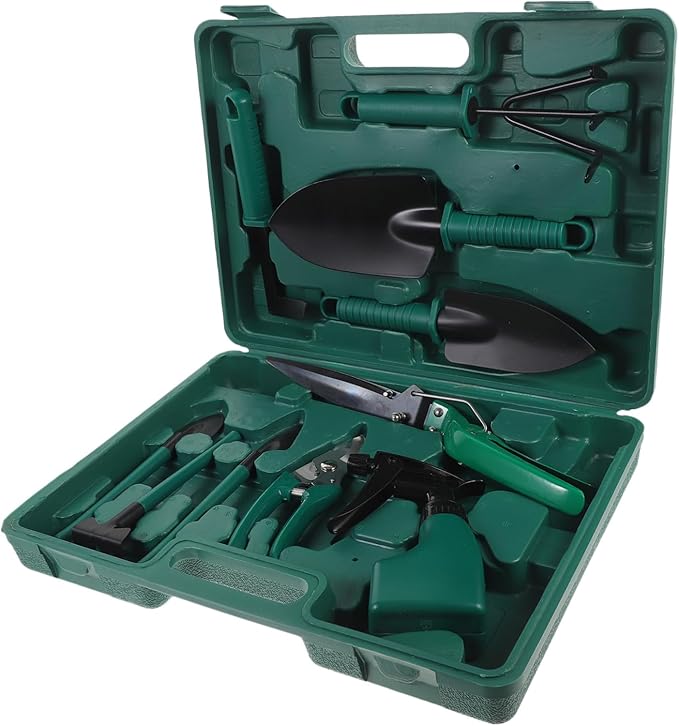 Garden Tool Set with Plastic and Iron Handles Includes Shovel Rake Shears Sprayer and Carrying Case for Transplanting Soil Loosening and Planting