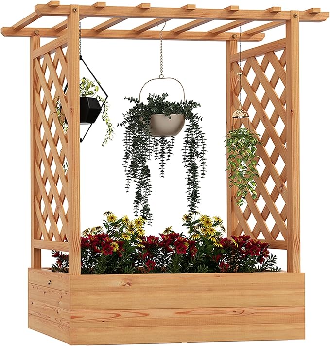 Raised Garden Bed with Trellis Vertical Garden Planter w/Drainage Holes for Climbing Vines Roses Tomatoes Tiered Flower Stand for Small Balcony Porch Backyard (1)