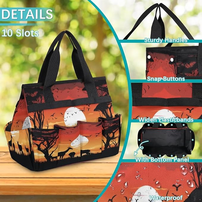 Deer Bird Tree Sunset Silhouette Garden Tool Bag Waterproof Garden Tool Storage Bag Heavy Duty Oxford Gardening Tool Bag with Handle &amp 10 Pockets for Men Women Outdoor Garden Lawn Yard