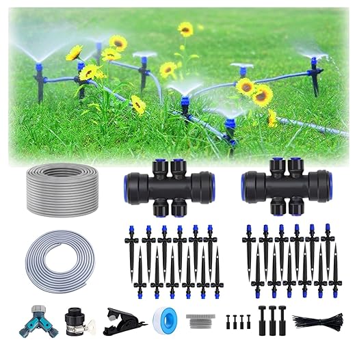 115FT Drip Irrigation KitTandem atomizing NozzleTandem Fan-Shaped Drip Irrigation EmitterQuick-Connect Automatic Drip Irrigation SystemSuitable for Watering Plants in Flowerpot Elevated Bed.