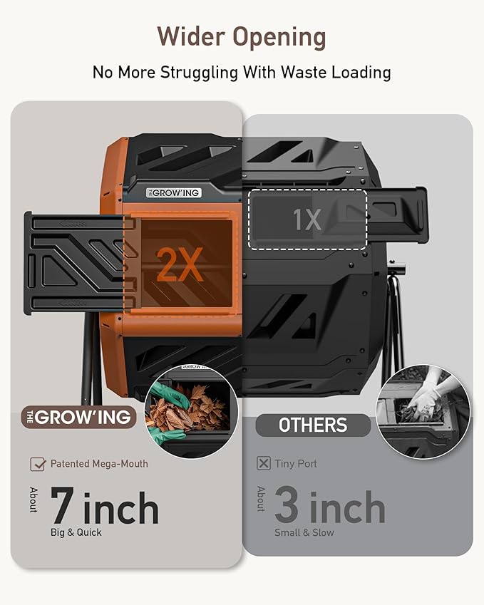 THEGROW'ING Updated 43 Gallon Outdoor Compost Bin. with Thermometer Fast to Assemble. Tumbling Design Dual Chambers. Rotating Function Ideal for Outside Backyard Garden Yard. Orange.