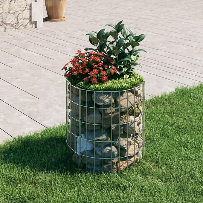 Outdoor Garden Round Gabion Basket Cage Planter Stand Patio Backyard Gabion Post Raised Bed Fencing Circular Gabion Pole Galvanized Steel Ø19.7x19.7