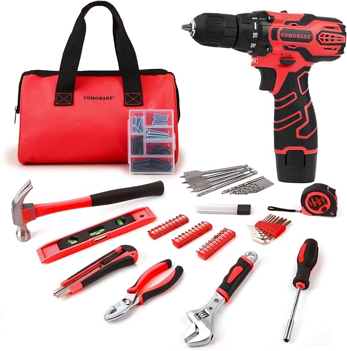COMOWARE 12V Cordless Drill Set 169Pcs Hand Tool Set with Cordless Drill Driver Complete Repair Tool Kit for Men Storage Bag Ideal for Office Garden Dorm and DIY Project
