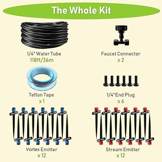 118FT Drip Irrigation System Garden Watering System Quick-Connect Drip Irrigation Kit for Lawn Raised Bed Greenhouse Plant Watering System with 1/4'' Drip IrrigationTubing Drip EmittersConnectors
