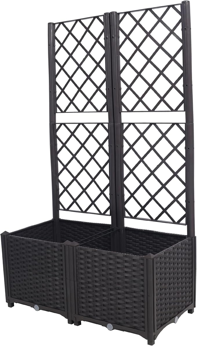 Brown Poly Rattan Trellis Raised Bed with Drainage Plug - 2 Removable Pots &amp Large Flower Boxes for Climbing Plants Outdoor Patio Garden